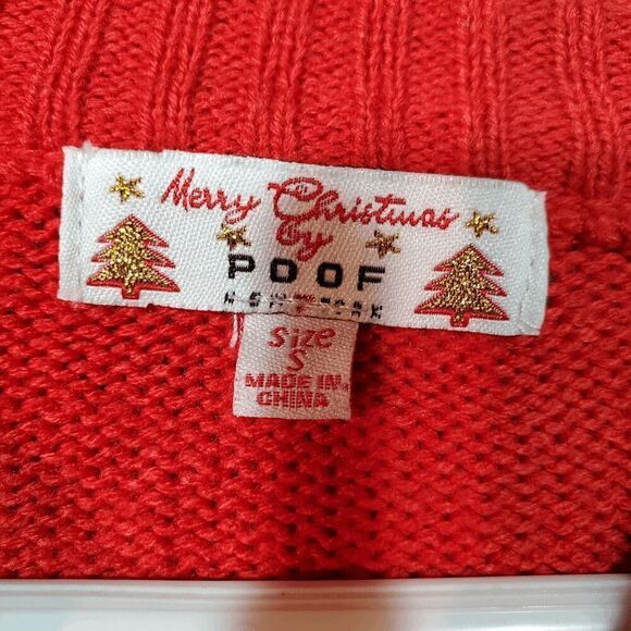 POOF Sweater Womens Small Red Sequin Santa Merry Christmas Don't Stop Believing - Picture 2 of 7